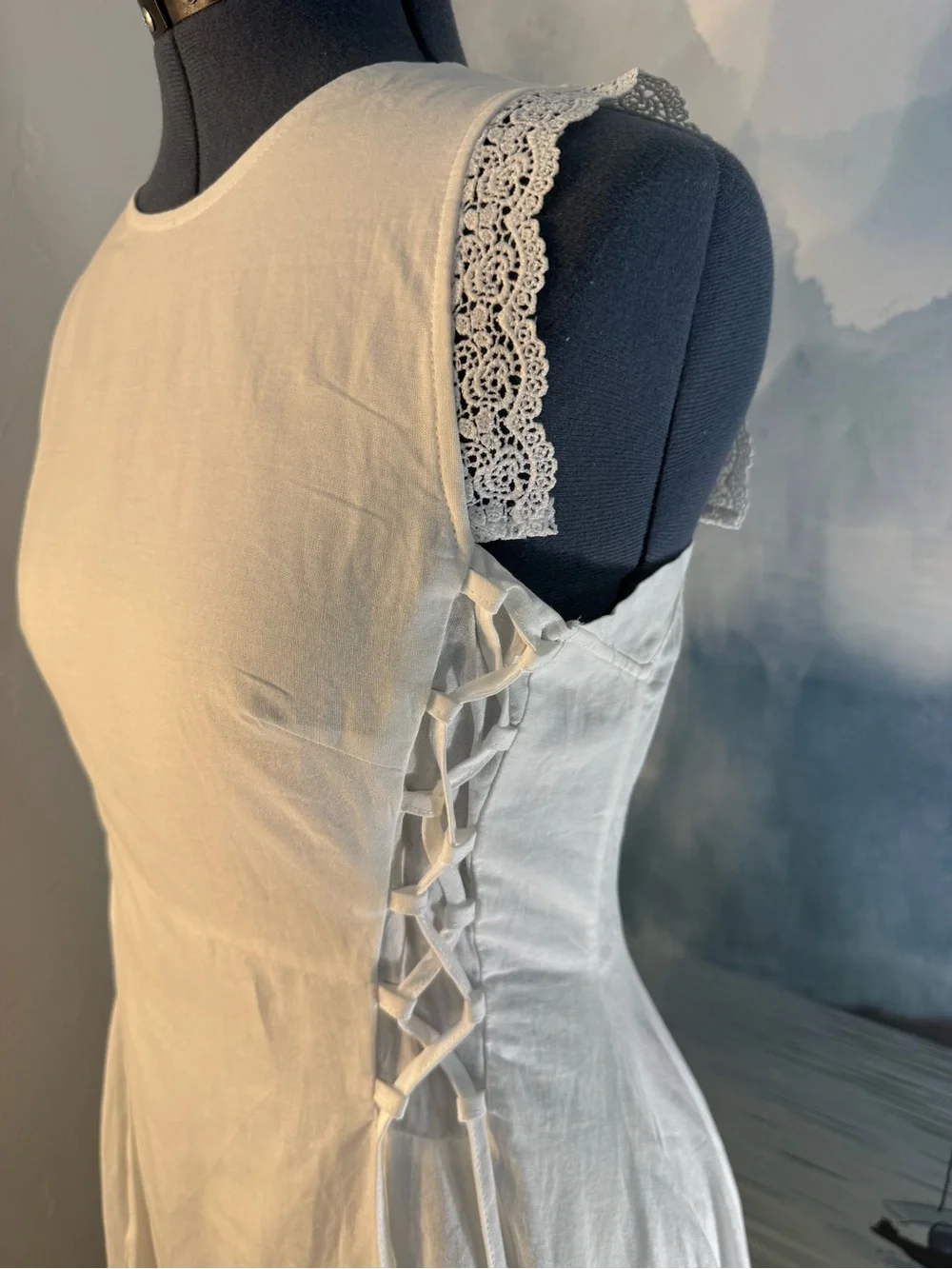 Sleeveless White Midi Dress with Lace-Trim Details #177